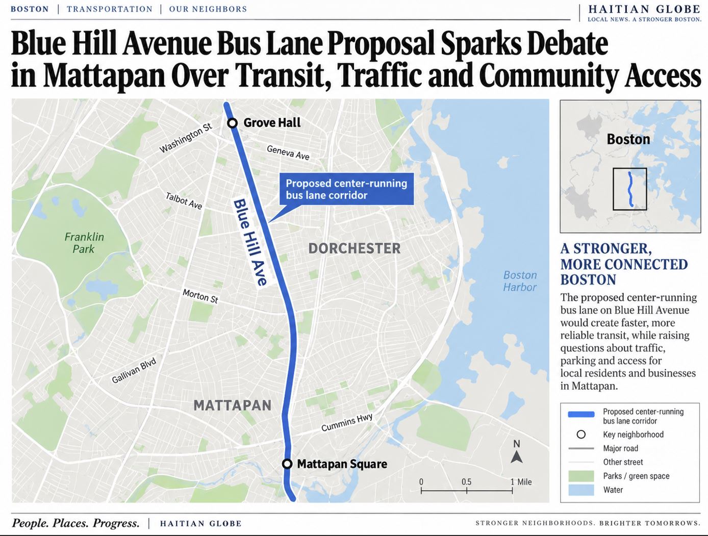 Blue Hill Avenue Bus Lane Proposal Sparks Debate in Mattapan Over Transit, Traffic and Community Access