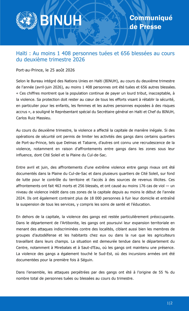 Haïti | Violence — 1 408 morts en trois mois : le BINUH documente l’hécatombe sous le gouvernement d’Alix Didier Fils-Aimé qu’il « appuie envers et contre tout »